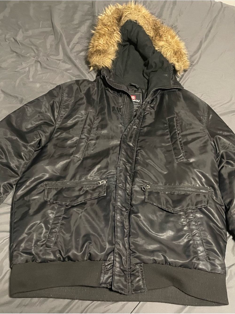 Southpole Black Bomber Jacket XL Faux Fur Hood Winter Coat Men’s